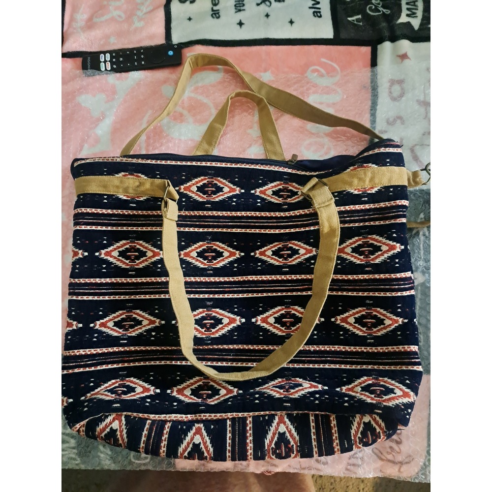 Boho Tribal Canvas Tote Bag Navy Red Geometric Crossbody Shoulder Bag